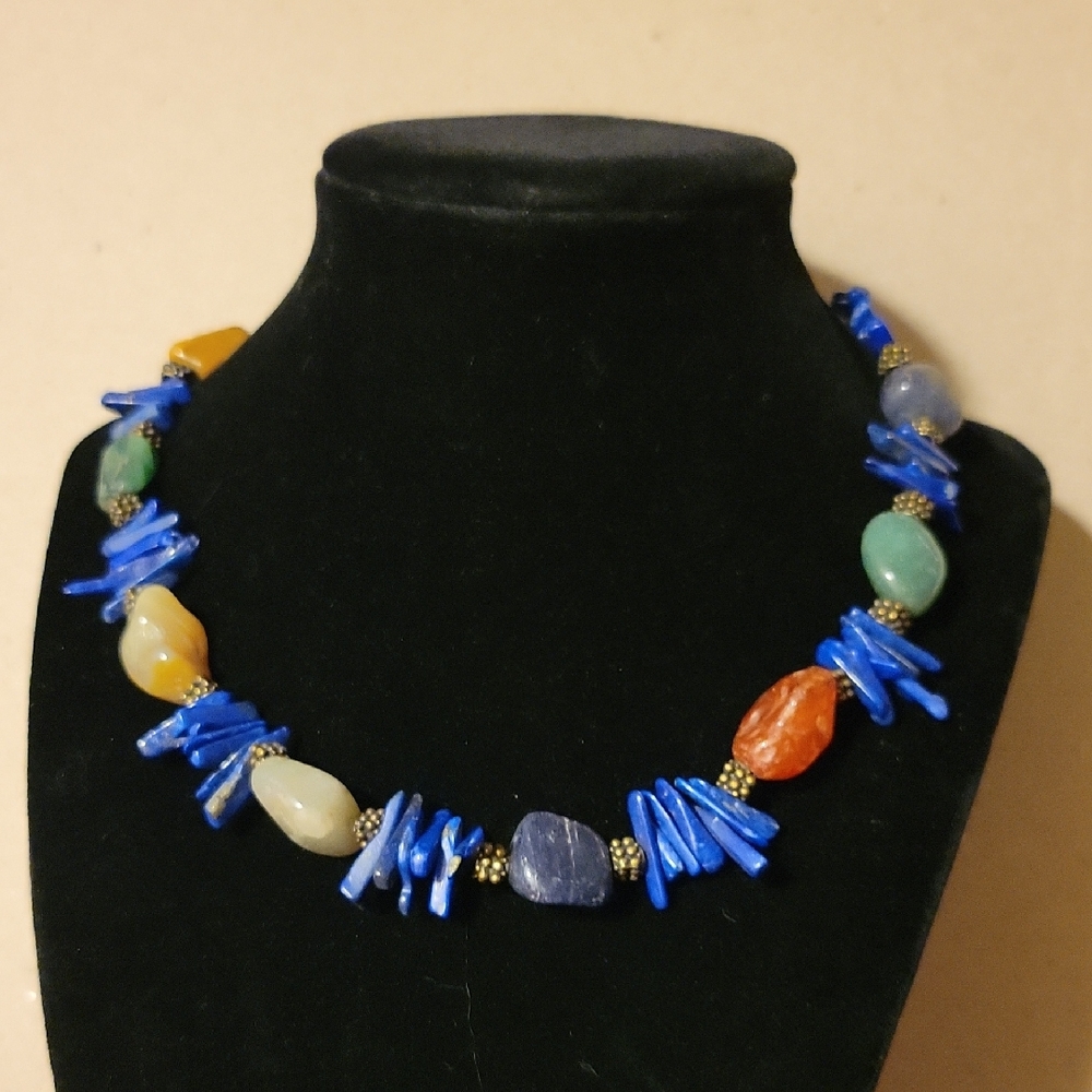 Lapis Lazuli & Multicolor Stone Beaded Handmade Necklace W/ Toggle Clasp
